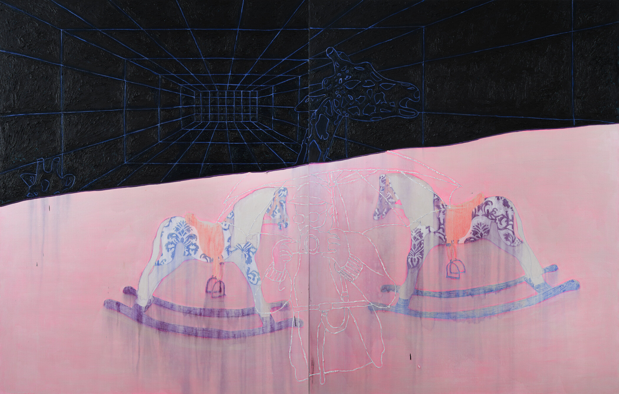 Christoph Matthes, <i>Behind the scene</i>, 2023. Ballpen, Acrylic and oil on burlap 90 1/2 x 141 3/4 in (230 x 360 cm)